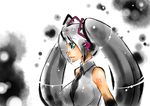  bare_shoulders breasts caw=zoo expressionless green_eyes hatsune_miku headgear large_breasts long_hair silver_hair solo twintails upper_body very_long_hair vocaloid 