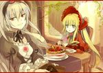  bad_id bad_pixiv_id blonde_hair blue_eyes bonnet cake chocolate cup doll_joints food fruit hairband heart-shaped_food long_hair lowe_(slow) multiple_girls pastry red_eyes rozen_maiden shinku silver_hair suigintou tea teacup tray valentine 