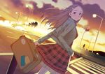  blue_eyes briefcase brown_hair car cloud copyright_request crosswalk ground_vehicle light lights long_hair morifumi motor_vehicle sky smile solo suitcase sunset traffic_light tree 