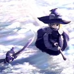  black_wings blonde_hair broom broom_riding cloud flying hat kirisame_marisa md5_mismatch multiple_girls shameimaru_aya sky touhou tsubasa_(abchipika) wings witch_hat 