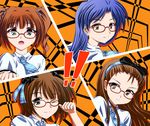  all-out_attack amami_haruka blue_hair brown_eyes brown_hair cut-in glasses green_eyes hair_ribbon hairband idolmaster idolmaster_(classic) idolmaster_live_for_you! kisaragi_chihaya long_hair minase_iori multiple_girls necktie parody persona persona_4 ribbon rough_time_school school_uniform shiigetsu_yuu short_hair takatsuki_yayoi twintails 