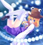  bad_id bad_pixiv_id blonde_hair blue_eyes danmaku floating hair_ribbon hand_on_headwear hat legs_up loafers moriya_suwako pico_(picollector79) ribbon shoes short_hair sleeves_past_wrists smile solo thighhighs touhou white_legwear wide_sleeves 