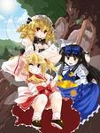  blonde_hair drill_hair luna_child multiple_girls one_eye_closed star_sapphire sugiura sunny_milk touhou tree v 