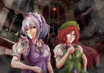  bad_id bad_pixiv_id blue_dress breasts china_dress chinese_clothes dress green_dress hong_meiling izayoi_sakuya looking_at_viewer looking_back maid_headdress medium_breasts multiple_girls pokimari puffy_short_sleeves puffy_sleeves red_hair short_sleeves silver_hair small_breasts touhou 