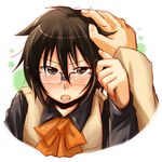  blush brown_eyes brown_hair glasses highres hyakko kazamatsuri_touma open_mouth out_of_frame petting pikachi pov pov_hands school_uniform short_hair solo_focus 