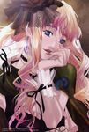  absurdres black_dress blonde_hair blue_eyes close-up dress ebata_risa head_tilt highres long_hair looking_at_viewer macross macross_frontier puffy_short_sleeves puffy_sleeves sheryl_nome short_sleeves solo upper_body wrist_cuffs 