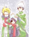  2boys artist_request beanie blush buttons chrome_dokuro closed_eyes coat cowboy_shot eyepatch hat height_difference joushima_ken kakimoto_chikusa katekyo_hitman_reborn! long_sleeves looking_at_viewer multiple_boys red_scarf scarf snowing spiked_hair wince winter_clothes winter_coat 