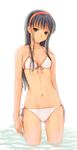  :o amagi_yukiko arms_at_sides ass_visible_through_thighs bangs bikini black_eyes black_hair breasts cleavage collarbone cowboy_shot front-tie_top hairband head_tilt hijiri_ruka long_hair looking_at_viewer navel parted_lips persona persona_4 side-tie_bikini simple_background skindentation small_breasts solo straight_hair string_bikini surprised swimsuit wading water wet white_background white_bikini 