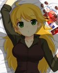  :o ahoge bed blonde_hair breasts chocolate chocolate_almond from_above green_eyes hoshii_miki idolmaster idolmaster_(classic) idolmaster_1 large_breasts long_hair looking_at_viewer lying meiji_(brand) meiji_almond_chocolate on_back shadow solar_kaichuudentou solo 