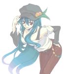  alternate_costume bent_over blue_hair cabbie_hat casual contemporary food fruit hand_on_hip hat hinanawi_tenshi leaf leaning_forward long_hair peach red_eyes sengoku_aky solo touhou 