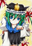  blue_eyes blush breasts flower fuyuno_taka green_hair hat highres large_breasts paw_pose ribbon shiki_eiki short_hair solo spider_lily touhou traditional_media 