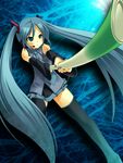  aqua_eyes aqua_hair blue_nails detached_sleeves hatsune_miku headset long_hair nail_polish necktie nohko skirt solo spring_onion thighhighs twintails vocaloid zettai_ryouiki 