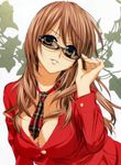  adjusting_eyewear breasts brown_hair cleavage copyright_request glasses highres large_breasts long_hair necktie solo source_request tenhiro_naoto 