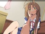  :o antenna_hair braid brown_eyes brown_hair clannad cosplay dutch_angle furukawa_sanae glasses hikarizaka_private_high_school_uniform long_hair okiura school_uniform solo twin_braids 