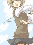  artist_request badminton badminton_racket blonde_hair blush cloud day katekyo_hitman_reborn! lowres racket sasagawa_kyouko school_uniform short_hair sky smile solo sport 