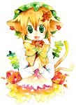  animal_ears brown_hair cat_ears cat_tail chen colorful flower green_eyes hat highres legomaru ribbon short_hair solo tail touhou traditional_media watercolor_(medium) 