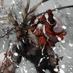  antlers armor bag beard christmas facial_hair glowing glowing_eyes hat helmet hooves horns japanese_armor kabuto kusazuri male_focus mask multiple_boys original polearm reindeer riding saddle samurai santa_claus santa_costume santa_hat snow spear trident weapon yamaada 