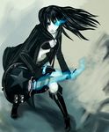  artist_request belt black_hair black_rock_shooter black_rock_shooter_(character) blue_eyes boots bra burning_eye glowing glowing_eye guitar instrument jacket lingerie long_hair midriff pale_skin shorts solo underwear 