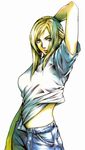  arm_at_side arm_up aya_brea belly_peek blonde_hair blue_eyes blue_pants breasts closed_mouth cowboy_shot denim hand_behind_head highres jeans large_breasts lips looking_at_viewer nomura_tetsuya official_art pants parasite_eve scan shirt short_sleeves simple_background solo t-shirt unbuttoned white_background white_shirt 