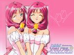  90s ^_^ blue_eyes breasts cleavage closed_eyes earrings flower front_ponytail jewelry kokura_masashi medium_breasts multiple_girls official_art one_eye_closed pink pink_background pink_hair scan shirayuki_maho shirayuki_miho siblings sisters smile tokimeki_memorial tokimeki_memorial_2 twins waitress 