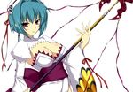  bad_id bad_pixiv_id banned_artist blue_hair breasts chouun cleavage koihime_musou medium_breasts polearm purple_eyes ribbon s_tanly short_hair solo spear weapon 