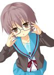  adjusting_eyewear amaa_(chou_dennou_jidai) bangs blue_skirt glasses kita_high_school_uniform nagato_yuki school_uniform serafuku short_hair skirt solo suzumiya_haruhi_no_yuuutsu 