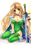  ankle_boots armor bangs between_legs blonde_hair blue_footwear blue_gloves blue_headband boots breasts breasts_apart buckle cape celes_chere character_doll charm_(object) choker cleavage closed_mouth covered_navel doll expressionless final_fantasy final_fantasy_vi front-tie_top full_body gloves green_eyes green_legwear green_leotard groin hand_between_legs head_tilt headband high_heel_boots high_heels holding holding_sword holding_weapon large_breasts leotard lock_cole long_hair looking_at_viewer okonogi_noi parted_bangs pauldrons planted_sword planted_weapon ribbon sitting slender_waist solo sword thighhighs thighlet very_long_hair wariza wavy_hair weapon 