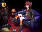  boots candy couch efyuru food green_eyes headphones idolmaster idolmaster_(classic) idolmaster_1 jacket leather leather_jacket living_room lollipop mouth_hold multicolored multicolored_clothes multicolored_legwear red_hair room sitting skirt socks solo speaker striped striped_legwear takatsuki_yayoi twintails 