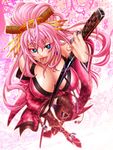  blue_eyes breasts chiba_toshirou copyright_request highres huge_breasts pink_hair solo sword tongue weapon 