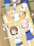  bad_id bad_pixiv_id brown_hair cat closed_eyes fairy from_above kareha_aki lying multiple_girls on_back open_mouth original outstretched_arms pillow short_hair shorts size_difference sleeping spread_arms tatami white_hair wind_chime 