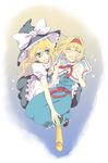  &gt;:) :d alice_margatroid arm_around_waist bad_id bad_pixiv_id blonde_hair blue_eyes broom broom_riding capelet hairband hat kirisame_marisa long_hair multiple_girls nakayama_miyuki open_mouth ribbon scared short_hair smile touhou v-shaped_eyebrows wavy_mouth witch_hat 