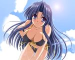  bikini blue_eyes blue_hair breasts cleavage cloud day kawana_misaki large_breasts leaning_forward long_hair non-web_source one resized sky solo swimsuit upscaled wet yamu_(reverse_noise) 