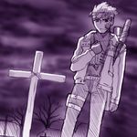  archer arm_at_side bandaid bandaid_on_face bare_tree belt closed_mouth cowboy_shot cross drill fate/stay_night fate_(series) grave graveyard hand_on_own_chest holding jacket jewelry long_sleeves lowres male_focus monochrome necklace non-web_source open_clothes open_jacket pocket purple solo st_parasu standing thigh_strap tree weapon weapon_on_back 
