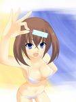  arm_up bad_id bad_pixiv_id bare_shoulders beach bikini blue_eyes breasts brown_hair cleavage copyright_request fang food hand_on_hip izumi_sai large_breasts navel open_mouth popsicle short_hair solo swimsuit 