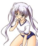  blush buruma eating food fortune_arterial green_eyes gym_uniform kneeling long_hair masakichi_(crossroad) navel open_mouth purple_hair solo tofu tougi_shiro twintails 