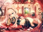  blue_eyes cherry_blossoms detached_sleeves flower hairband headphones long_hair megurine_luka midriff onineko pink_hair skirt solo thighhighs very_long_hair vocaloid 