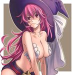  :| belt breasts cleavage closed_mouth collarbone daikenja_magiko hat large_breasts leaning_forward long_hair magiko_magika midriff navel pink_hair red_eyes shinrabanshou short_shorts shorts solo tatsuyoshi v-shaped_eyebrows witch_hat 