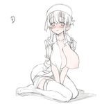  blush breasts large_breasts monochrome nipples sakuya_tsuitachi simple_background sitting sketch solo thighhighs v_arms wariza white_background 