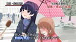  agenasu blue_eyes blue_hair blush brown_hair coat covering_face embarrassed hirose_sumire interview long_hair matsumi_yuu meme microphone multiple_girls parody saki scarf shared_umbrella special_feeling_(meme) umbrella yuri 