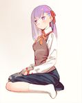  bad_id bad_pixiv_id fate/stay_night fate_(series) hair_ribbon homurahara_academy_uniform kneeling long_hair matou_sakura purple_eyes purple_hair ribbon school_uniform taa_(acid) 