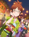  3girls akizuki_ritsuko antenna_hair artist_request brown_hair closed_eyes folded_ponytail glasses idolmaster idolmaster_(classic) idolmaster_million_live! japanese_clothes jpeg_artifacts kimono kisaragi_chihaya long_hair miura_azusa multiple_girls official_art taiko_no_tatsujin 