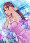  adjusting_hair armpits brown_eyes brown_hair dress dutch_angle flower idolmaster idolmaster_cinderella_girls jewelry long_hair looking_at_viewer mifune_miyu mouth_hold necklace nerotarou@seven pendant ponytail smile solo sunlight 