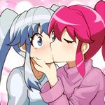  aino_megumi blue_eyes blue_hair blush closed_eyes cure_lovely cure_princess hand_on_another's_face happinesscharge_precure! kiss multiple_girls pink_hair ponytail precure shirayuki_hime sidelocks sweater tom_(drpow) turtleneck twintails yuri 