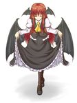  ascot bad_id bad_pixiv_id bat_wings closed_eyes crossed_legs curtsey full_body head_wings koakuma long_hair mary_janes musouzuki pantyhose red_hair shoes simple_background skirt_hold smile solo touhou watson_cross white_background wings 