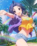  ahoge artist_request blush bracelet breasts cleavage cloud crop_top crop_top_overhang day double_rainbow earrings hood hoodie idolmaster idolmaster_(classic) idolmaster_million_live! jewelry large_breasts light_rays midriff miura_azusa navel necklace official_art open_clothes open_hoodie open_mouth palm_tree pendant purple_hair rainbow red_eyes short_hair shorts sky smile sunbeam sunlight tree 