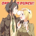  animal_ears bad_id bad_pixiv_id black_hair blonde_hair blue_eyes blush bubble_blowing chewing_gum dominica_s_gentile hand_on_another's_head highres jane_t_godfrey kisetsu military military_uniform multiple_girls necktie open_mouth short_hair uniform world_witches_series yuri 