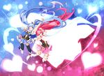  ;d aino_megumi arm_up armpits black_legwear blue_background blue_eyes blue_hair blue_skirt boots brooch cape crown cure_lovely cure_princess frills gradient gradient_background happinesscharge_precure! highres jewelry long_hair magical_girl mini_crown multiple_girls necktie one_eye_closed open_mouth pink_background pink_eyes pink_hair pink_skirt ponytail precure shirayuki_hime shoes skirt smile thigh_boots thighhighs twintails ushiki_yoshitaka v white_legwear wide_ponytail wrist_cuffs 