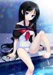  amo barefoot black_hair blue_eyes feet highres legs long_hair one-piece_swimsuit original parted_lips poolside school_swimsuit sitting smile soaking_feet solo swimsuit toes water 