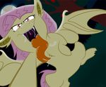  bat_pony chubbyjam equine fangs female feral first_person_view flutterbat_(mlp) fluttershy_(mlp) friendship_is_magic fur hair horse looking_at_viewer macro mammal my_little_pony open_mouth outside pegasus pink_hair pony saliva selfie solo tongue tongue_out tree wings yellow_fur 