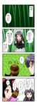  3girls 4koma :o animal_ears backpack bag bamboo bamboo_forest bow check_translation close-up comic cosplay cowboy_shot face forest from_side futatsuiwa_mamizou futatsuiwa_mamizou_(cosplay) highres imaizumi_kagerou long_hair looking_back mikazuki_neko multiple_girls nature outdoors parted_lips pleated_skirt profile red_eyes reisen_udongein_inaba short_hair skirt speech_bubble talking touhou translated translation_request upper_body 